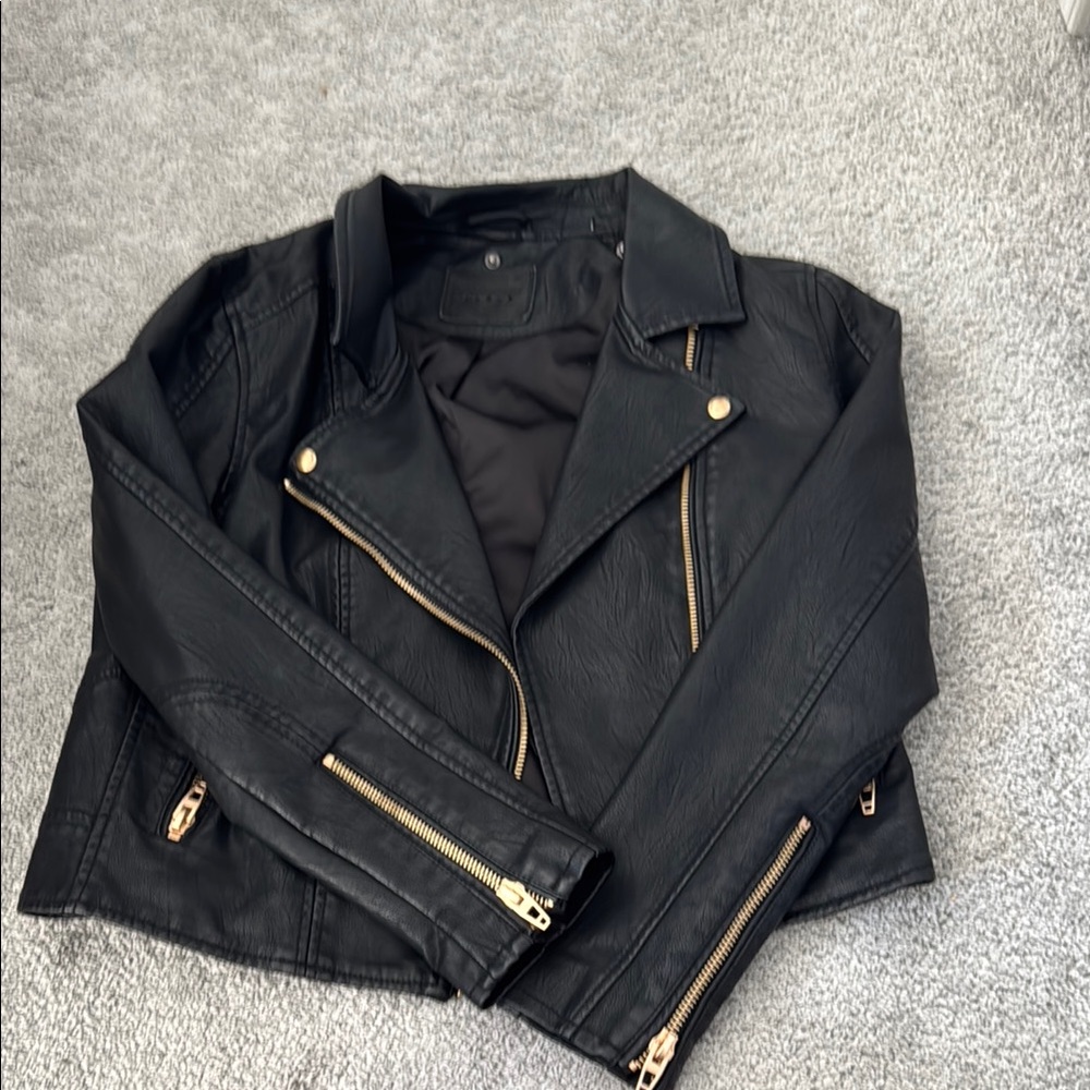 Blank NYC Black Leather Biker Jacket with Gold Zippers